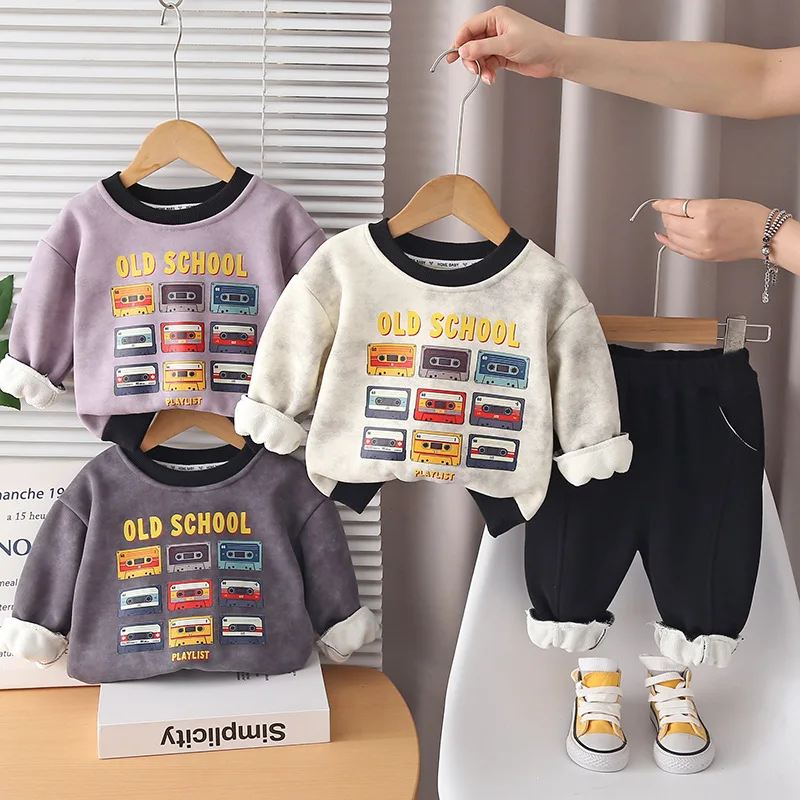 

Boys Clothes Sets Winter 2025 Children Thick Velvet Sweatshirts Tops Pants 2pcs Sports Suit For Baby Tracksuit Kids Warm Outfits