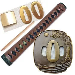 26cm Brown leather Handle Tsuka Tsuba/Fuchi/Kashira/Habaki/Menuki/Seppa For Japanese Sword Katana Wakizashi Tanto Set Fittings