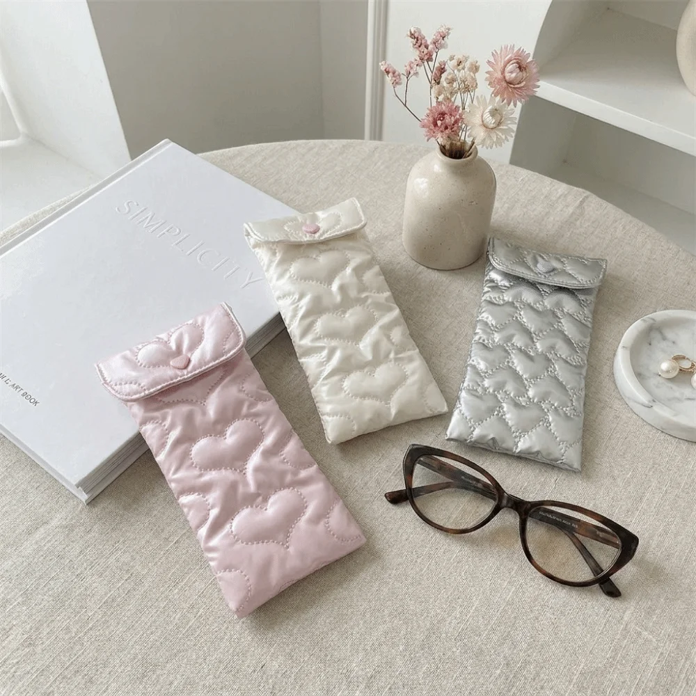 PU Bow Sunglasses Pouch Shiny Surface Quilted Satin Eyeglasses Storage Case Snap Button Heart Embossed Eyewear Carry Case