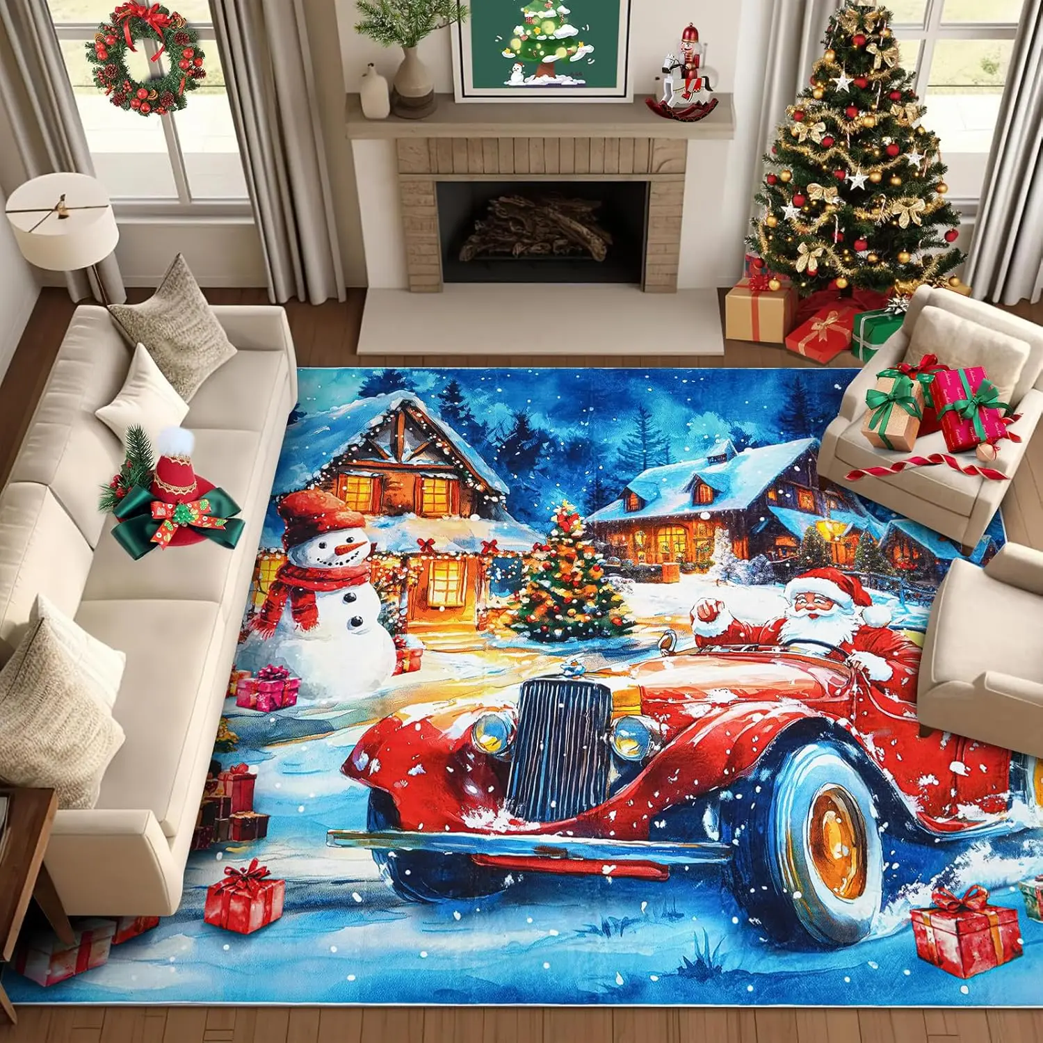 Santa Claus and Red Car Christmas Tree Area Rugs, Large Washable Non-Slip Christmas Carpet Mat Indoor, Christmas Home Office