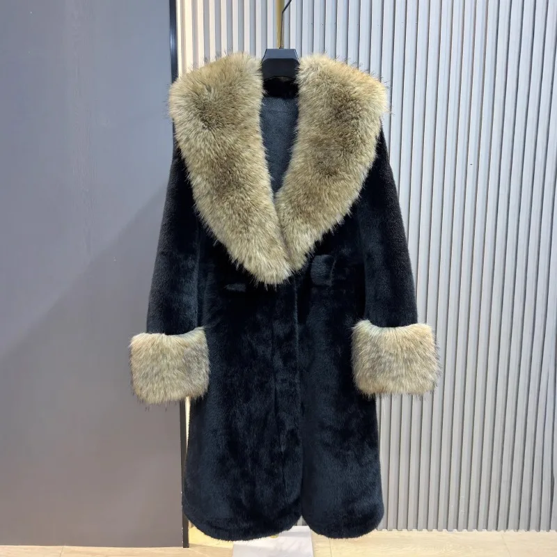 Autumn Winter New Woolen Coat Women's Fashion Warm Long Faux Mink Fur Large Furry Collar Jacket Long Sleeves Elegant Warm Top