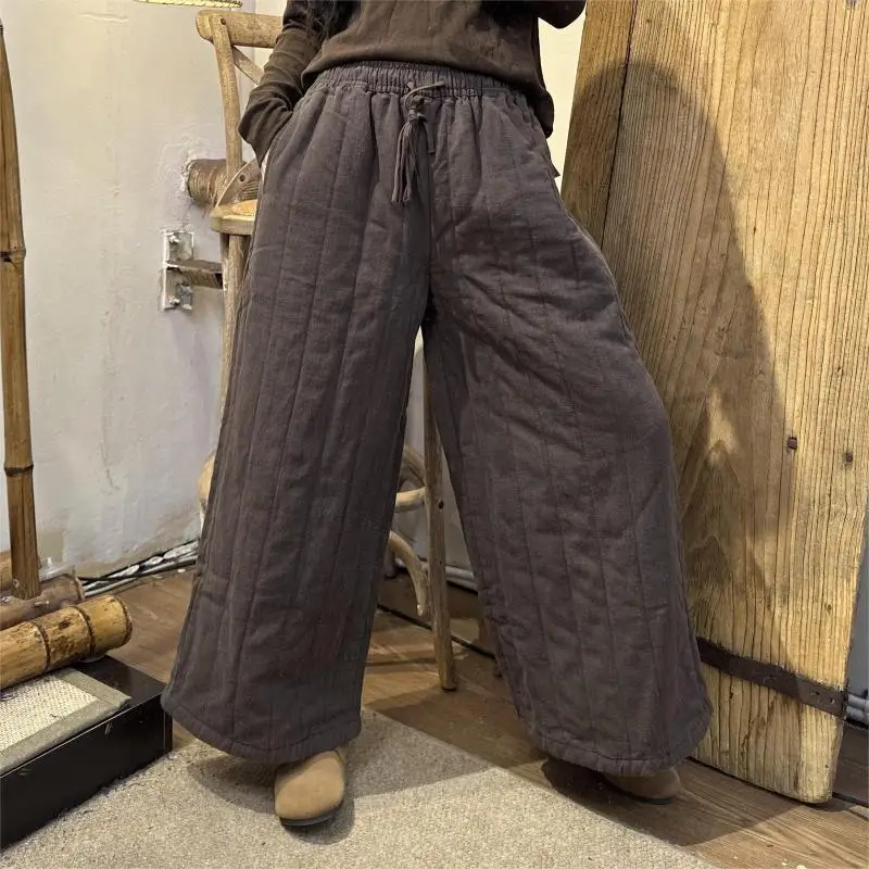 Limiguyue, pantalones holgados de invierno nuevos Retro con cordón hasta el tobillo, pantalones suaves informales de lino y algodón, pantalones de pierna ancha gruesos para mujer 297A