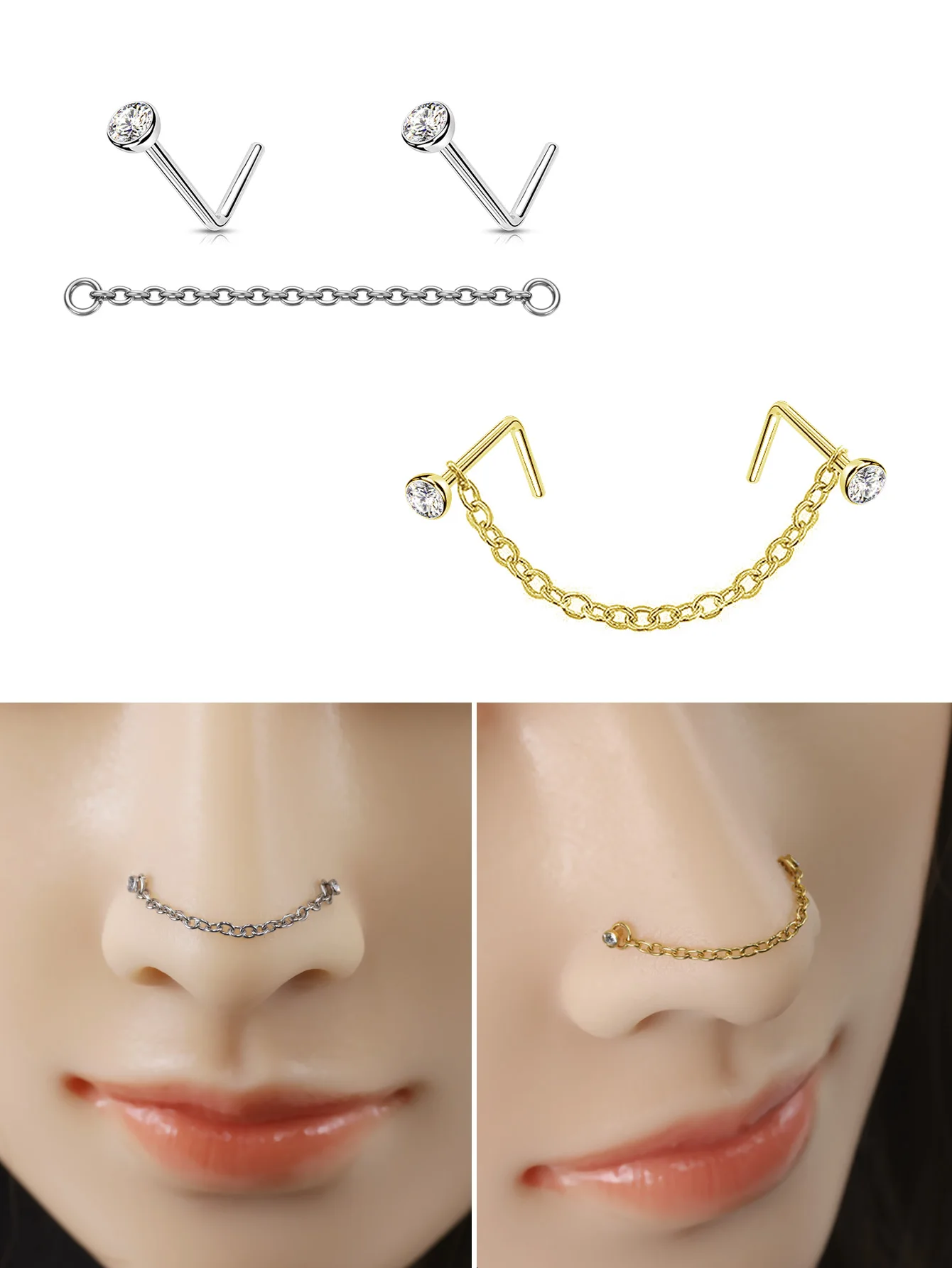 Double Piercing Ring Nose Chain Nostril Zircon Stainless Steel Nose Stud Decoration Earring Piercing Fashion Jewelry