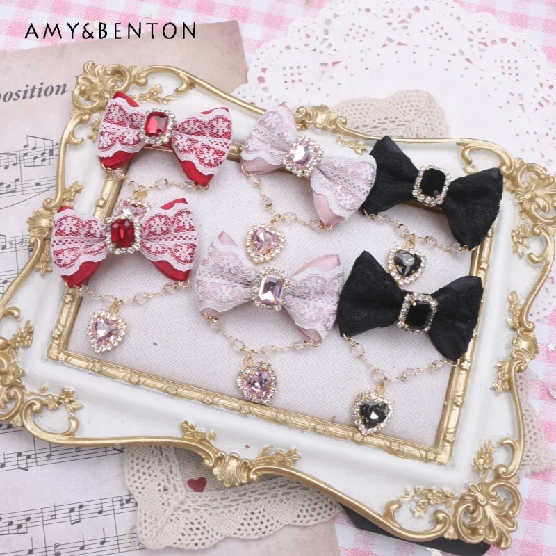 

Handmade Lolita Hair Bow Japanese Sweet Hair Clip Cute Lace Chain Heart Shape Rhinestone Pendant Bow Kawaii Hair Clips for Girls