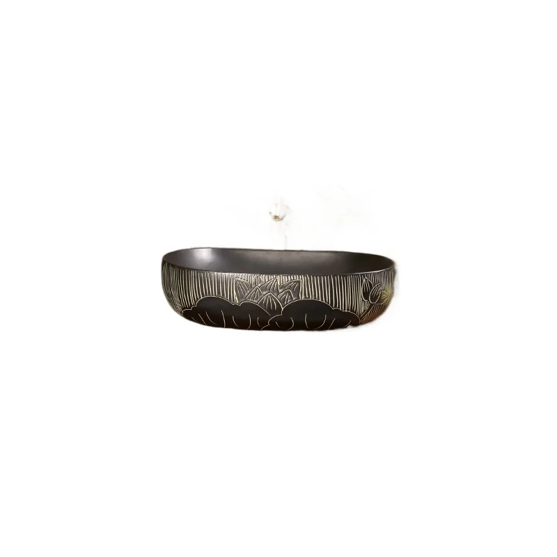 

Black Lotus Art Stage Basin Oval Ceramic Washbasin Retro High Temperature Firing Durable