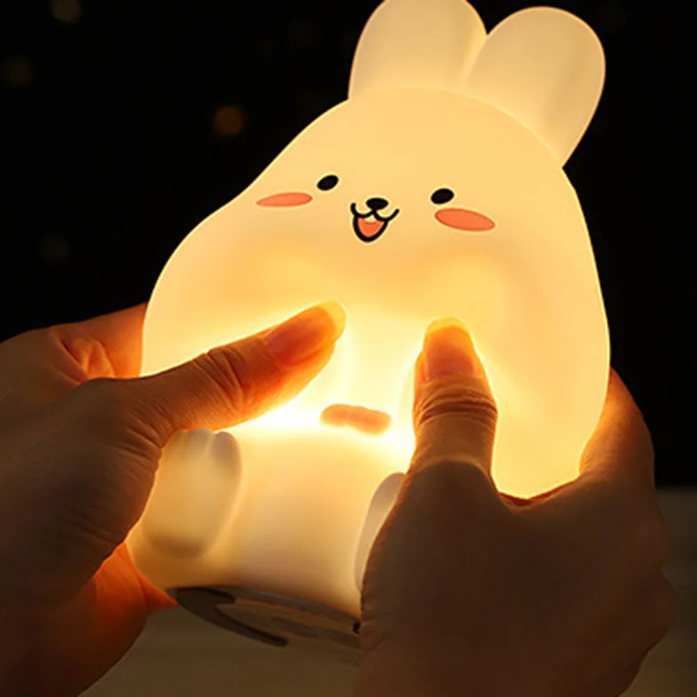 Adorável Coelhos Silicone Night Light, Desk Night Light, Crianças, Crianças, Decoração do quarto de adultos, Lâmpada recarregável