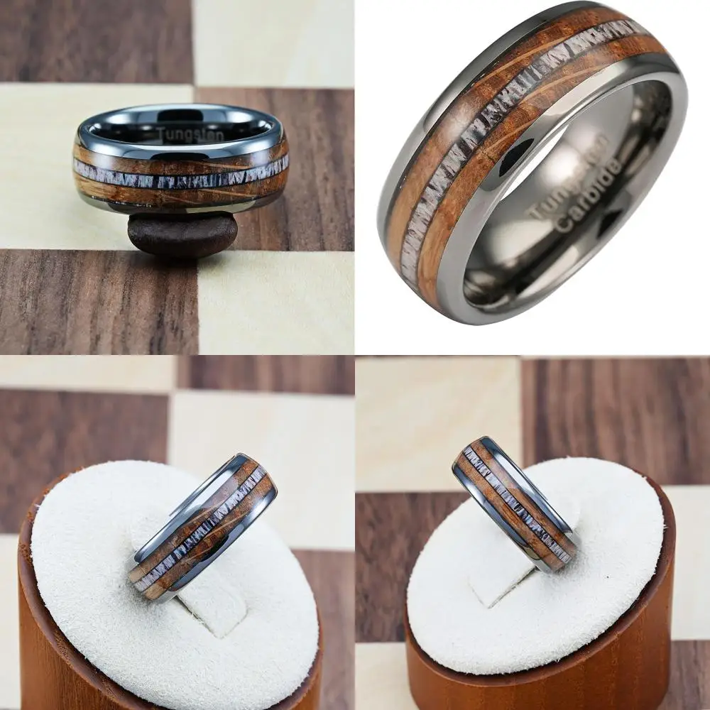 

Кольца из карбида вольфрама для мужчин с инкрустацией из дерева виски-бочки и оленьего рога - обручальные и помолвочные кольца