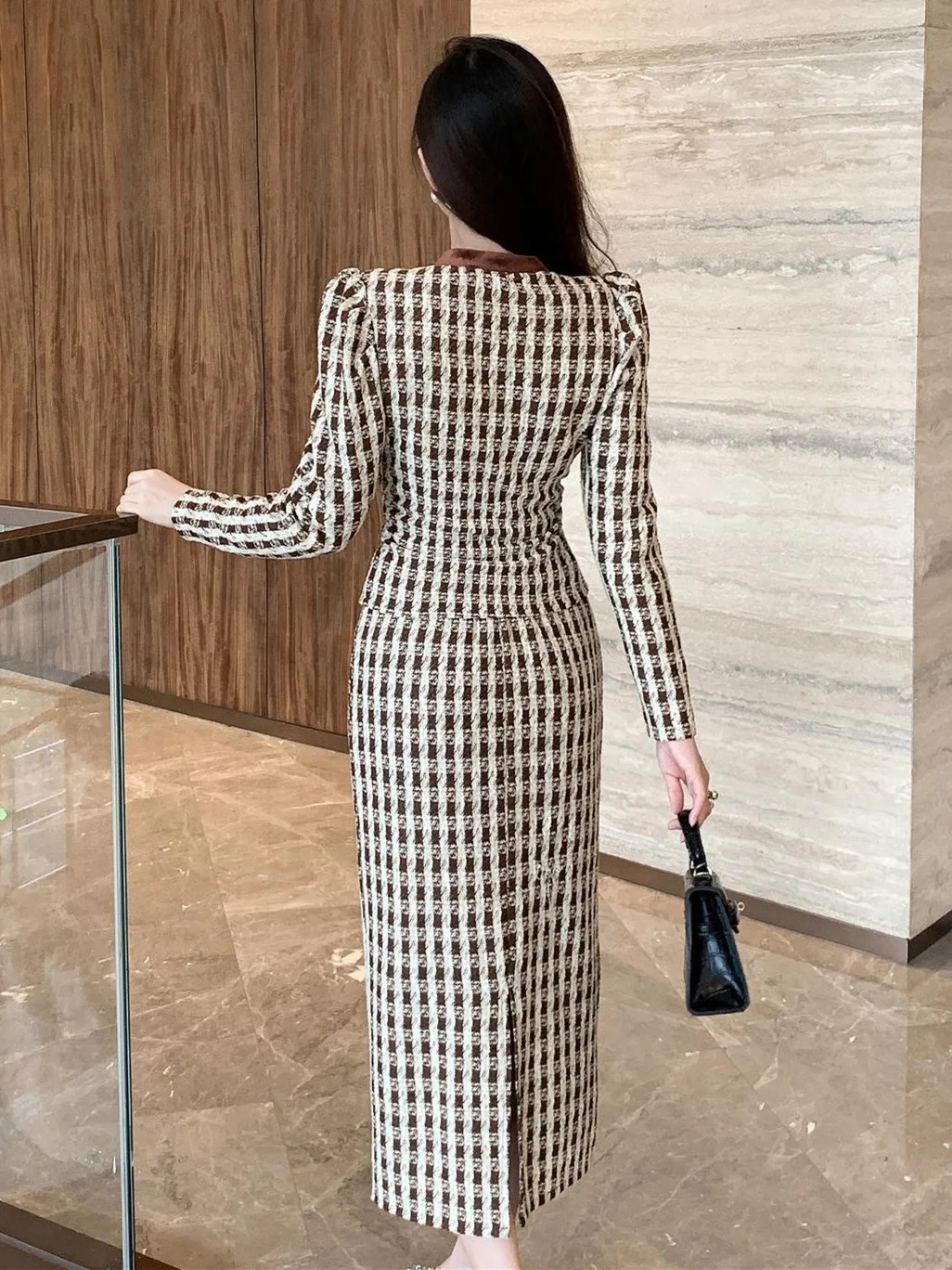 Autumn New Temperament Plaid Jacket Coat Women 2 Piece Set outfits Korean Fashion Puff Sleeve Outerwear +Bodycon Skirt Sets