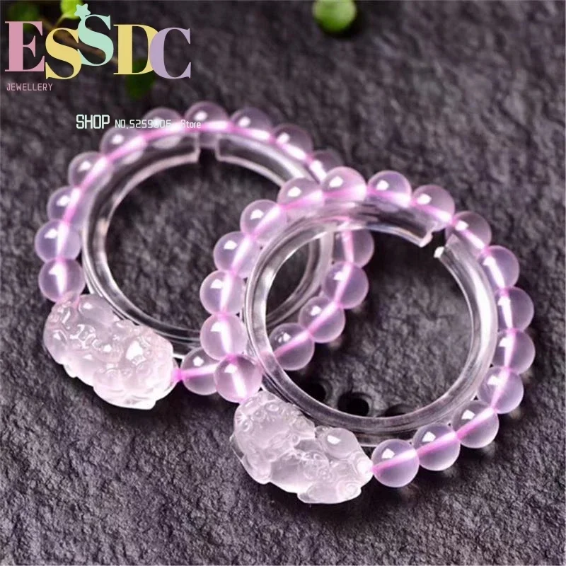 Trendy Women's Natural Pixiu Charm Crystal Bracelet Hand Beaded Pink DIY Round Accessories Wholesale