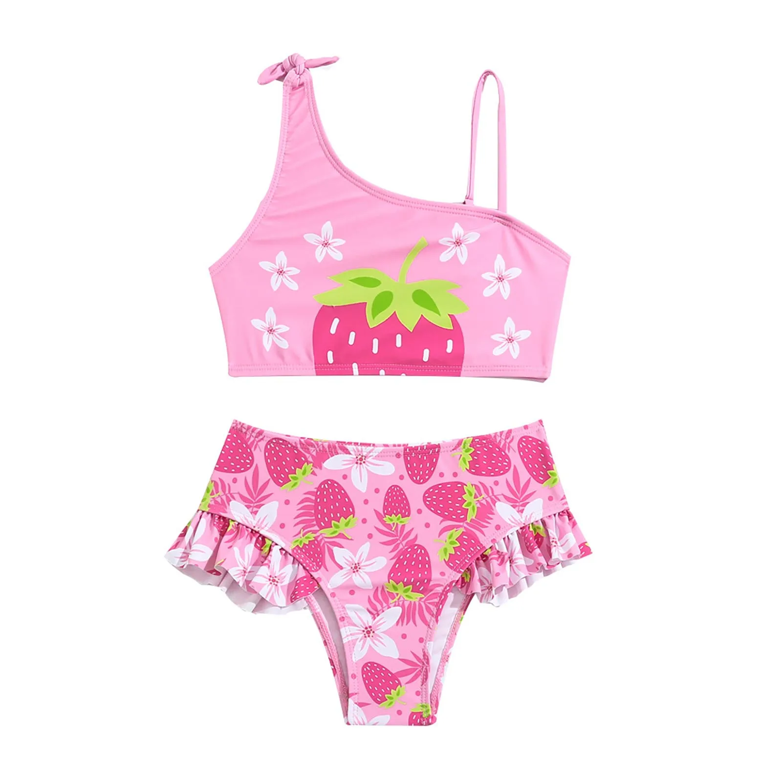 Baby Girl Swimsuit Bikini Set Asymmetrical Shoulder Sleeveless Children Swimwear Swim Top with Ruffle Bottoms Beach Bathing Suit