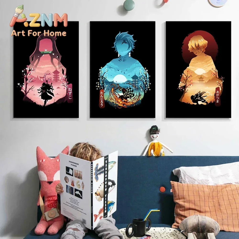 AZNM Demon Slayer Anime Silhouette Canvas Wall Art Tanjiro Nezuko Shinobu Rengoku Canvas Print Bedroom Home Decor Poster