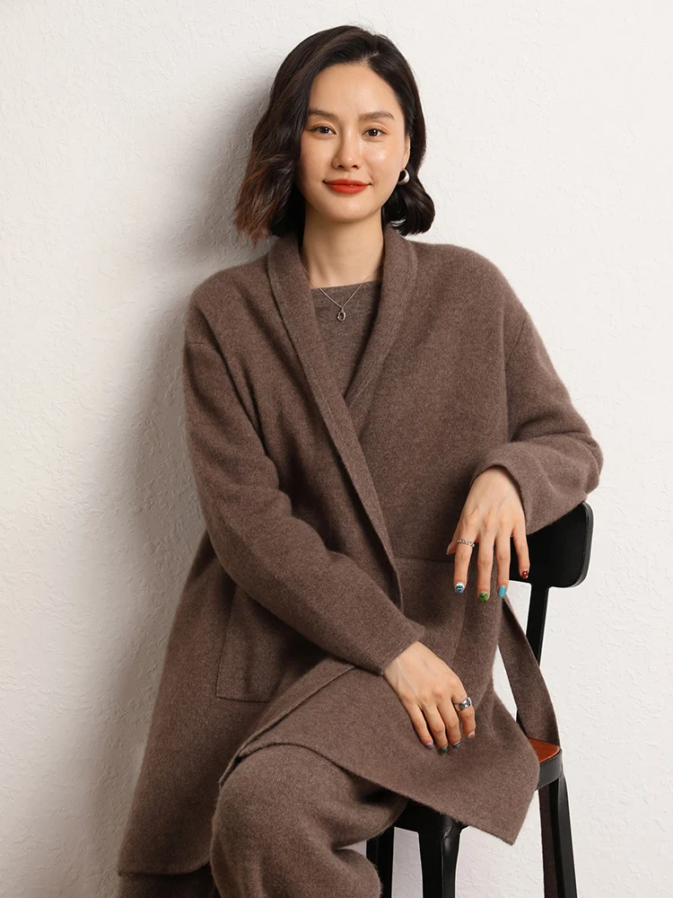 Neue Frauen 100% Kaschmir Pullover Außentasche Taille Gürtel Schwere Kaschmir Strickjacke Herbst Winter Dicke Büro Dame Chic Tops