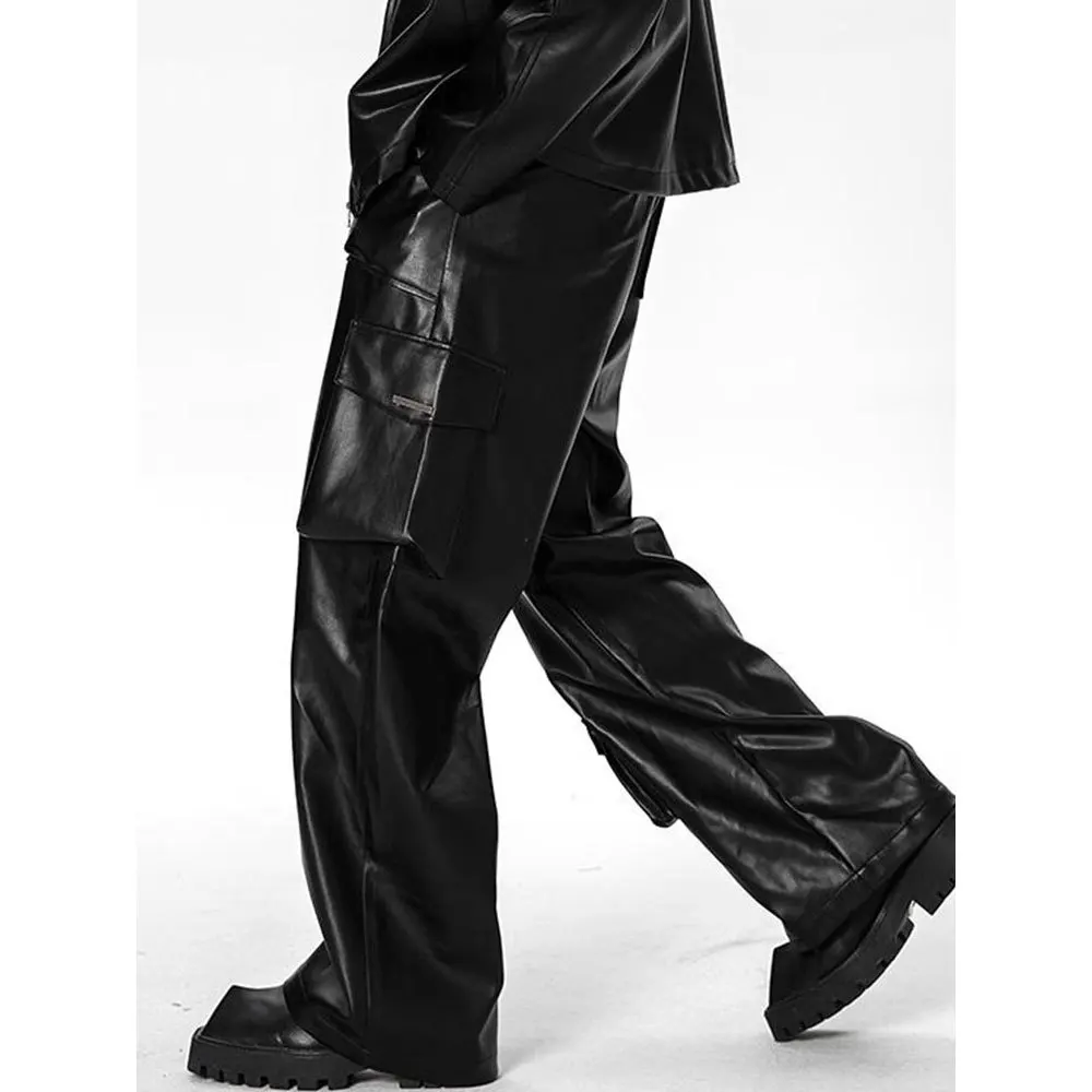 

Autumn Winter New Men Leather Floor Length Cargo Pant Pu Loose Casual Straight Trousers Regular Solid Splice Button Pocket Pant