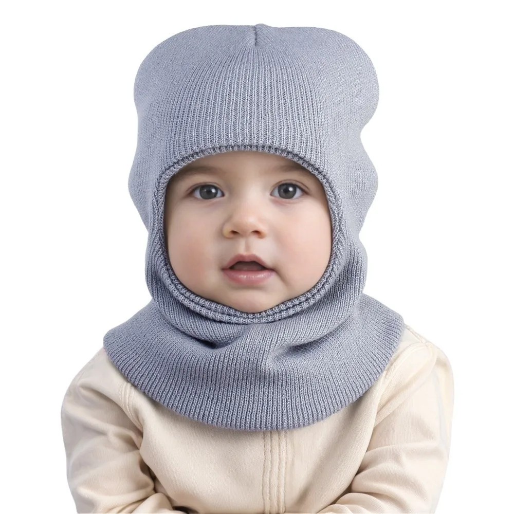 Solid Color Kids Integrated Scarf Cap Warm Windproof Baby Hooded Beanie Neck Protection Knitted Baby Balaclava Hat Outdoor