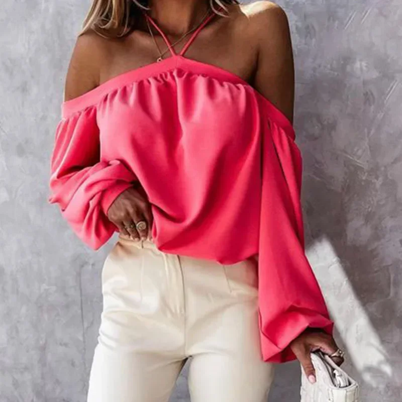 Off-shoulder Women's T-shirt Elegant Solid Long-sleeved Halter Top Pullover  New Sexy Spring Casual Ladies Hollow T-shirt