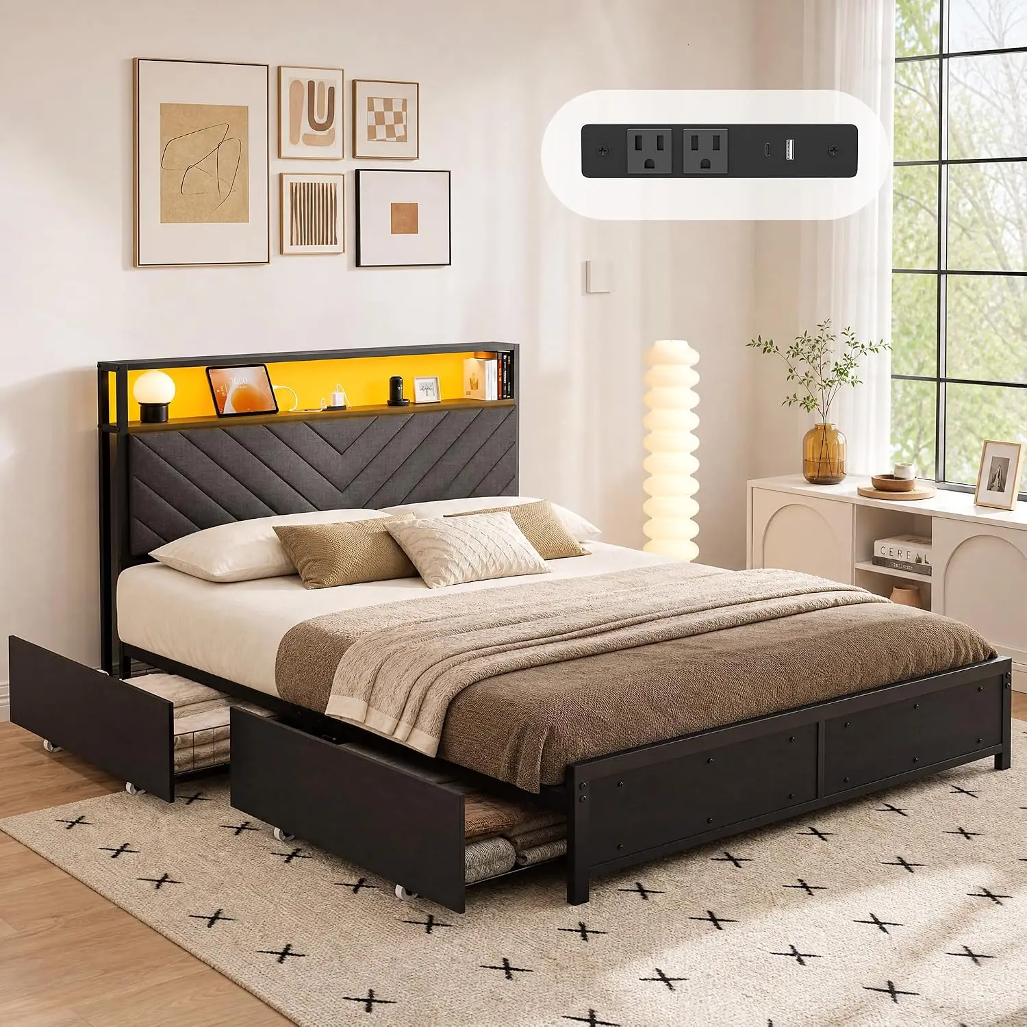 Full Size Bed Frame with Adjustable Headboard Platform, Black