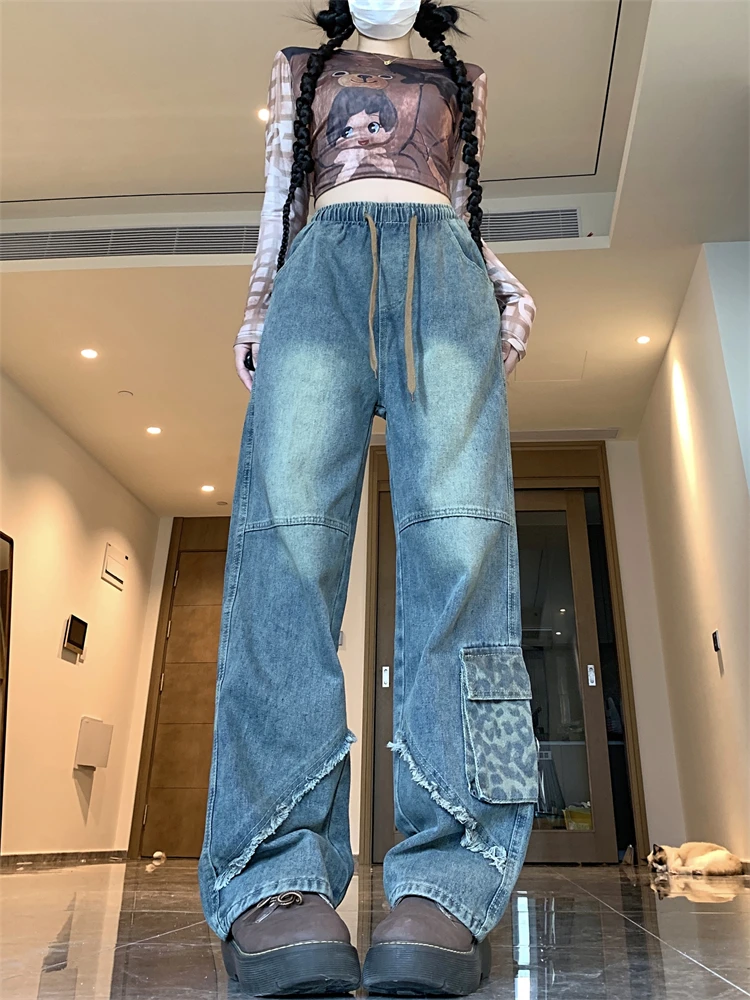 

Women's Splicing Leopard Print Pockets Wide Legs Jeans Cool Girl High Waisted Streetwear Trouser Female Casual Denim Pants