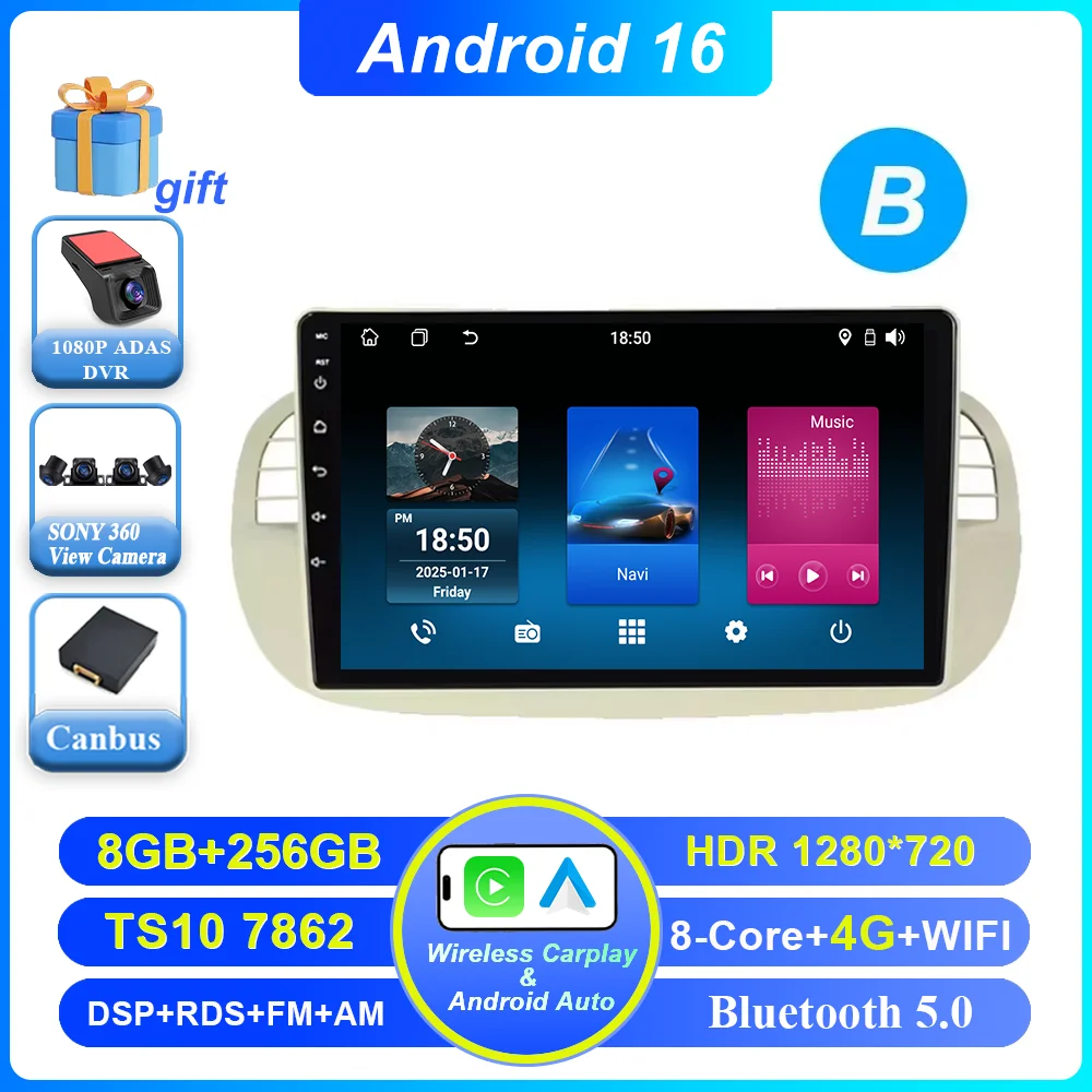 Auto DVD Android 16 Radio Stereo voor Fiat 500 2007-2015 Auto Multimedia Speler GPS Navigatie Hoofdunit Hoge-Prestatie CPU WIFI