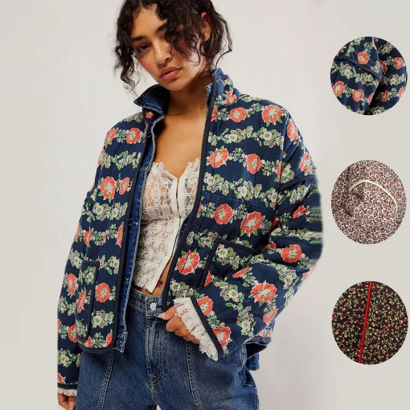 Autumn Winter Women\'s Cropped Puffer Jacket Trend Lightweight Floral Print Long Sleeve Padded Quilted Puffy Cardigan Coat