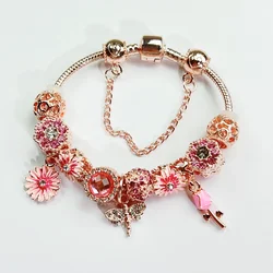 Fashion Rose Gold Color Flower Bead Rhinestone Alloy Luxury Metal Bracelet for Women Summer Bracelet Romantic Gift
