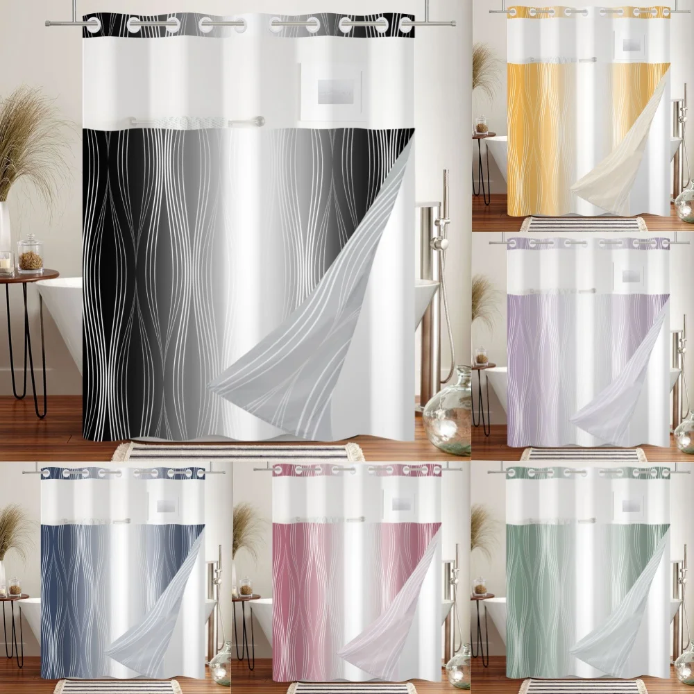 

Solid Color Gradient Shower Curtain Striped Hookless Double Layer Curtain with Snap in Removable Liner for Bathroom Bathtubs