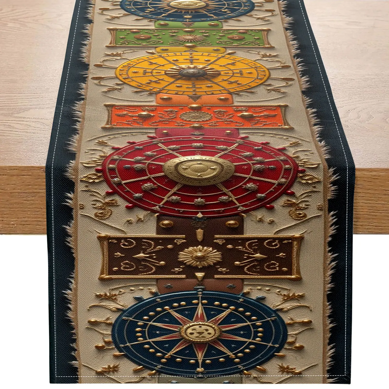 1 Vintage Mechanical-Style Compass Table Runner with a Creamy White Background Adorned with Colorful Three-Dimensional Gears and Compass Patterns, Suitable for Steampunk-Themed Restaurants, Vintage Mechanical Exhibitions, Creative Studios, Industrial-Style Homes, Board Game Gatherings, Unique Gifts, Art Salons, and Folk Cultural Event Settings