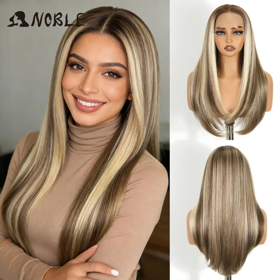 24 Zoll 13x6 Lace Front Perücke Synthetische Perücke Ombre Braun zu Aschblond Glatt Bestseller Schneller Versand Hitzebeständige Klebefreie Perücke – Detail 11