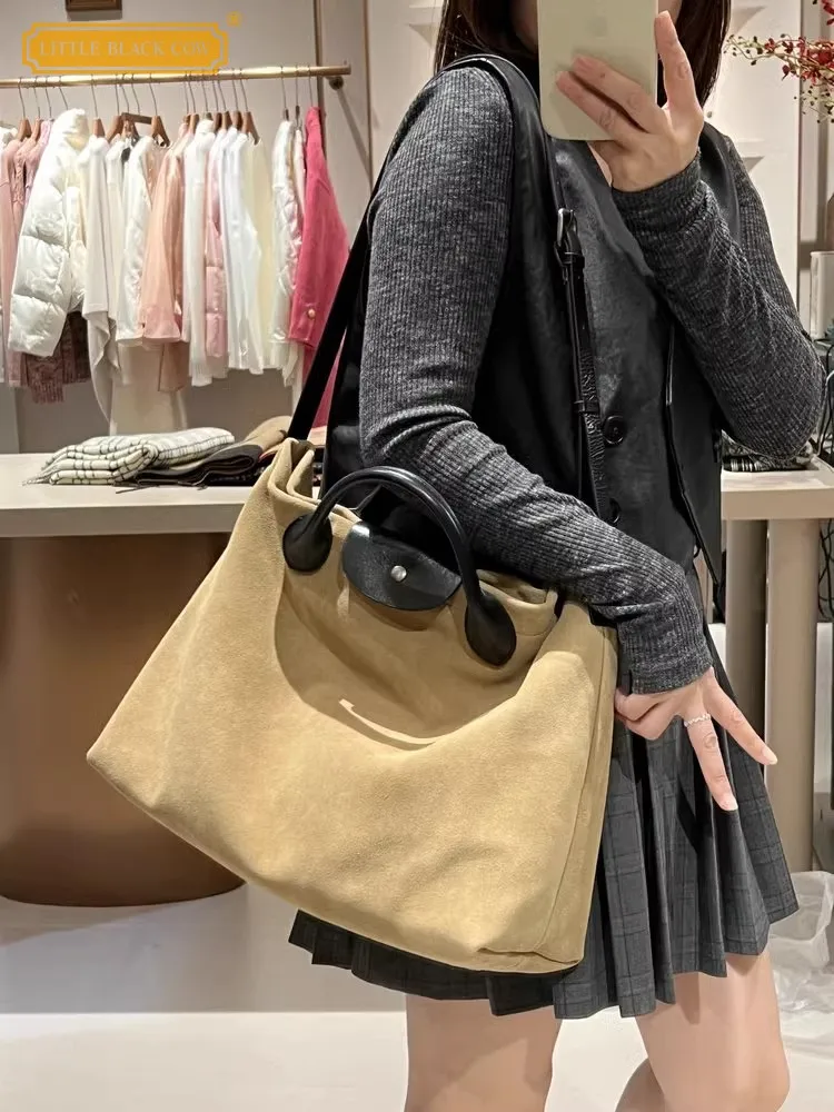 Large Capacity Women Casual Totes Handbag Cow Suede Leather Satchels Vintage Fashion Strap Shoulder Bag Teenager Girls Schoolbag