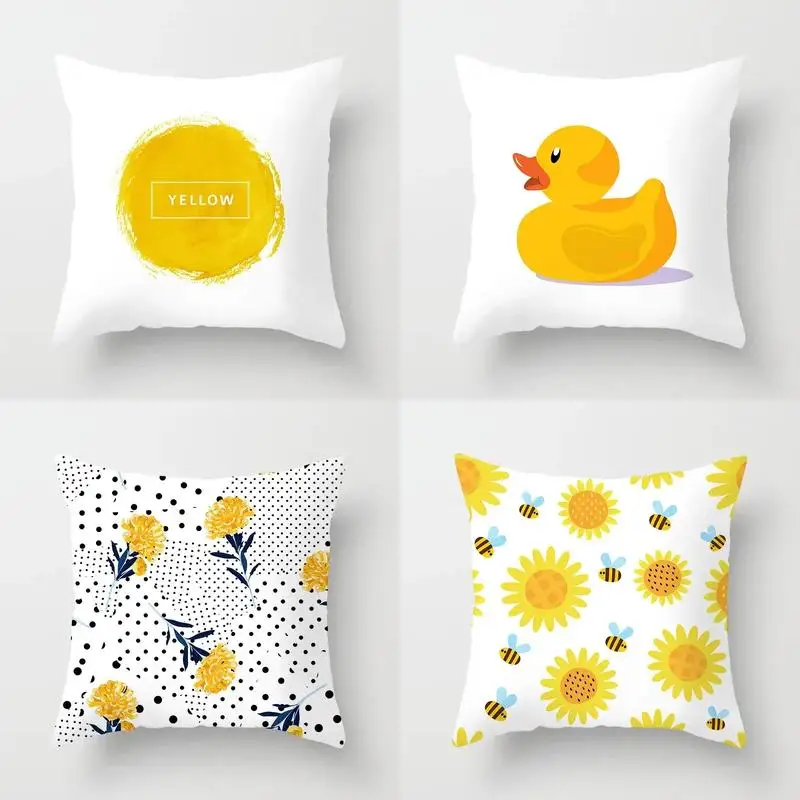Yellow-Themed Cute Animal & Floral Pillows Pattern Cushion Cover Suitable For Sofa Bedroom Car Pillow Cover