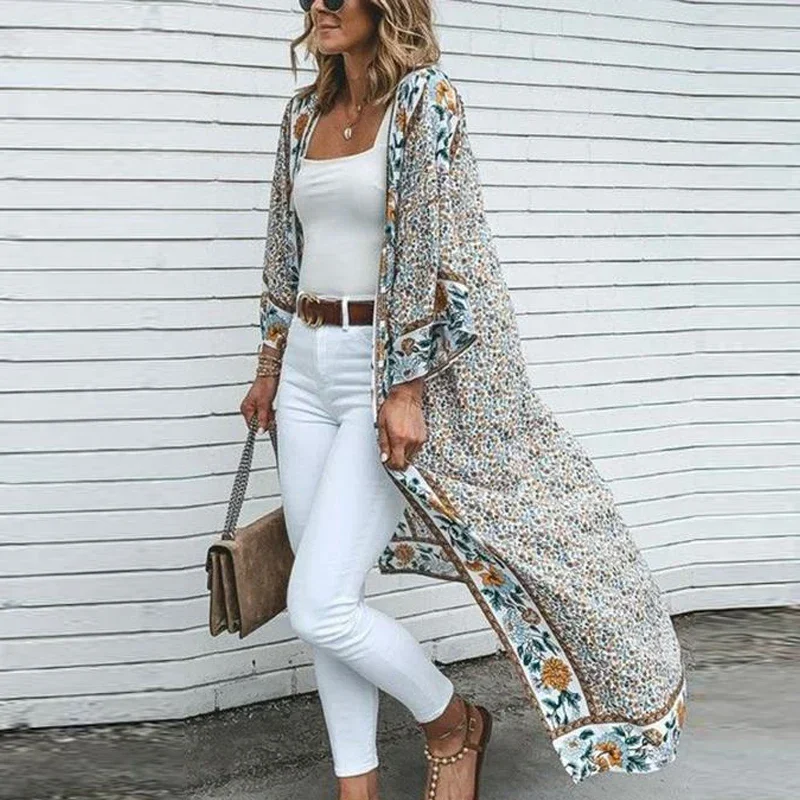 TEELYNN Kimono Cardigan Long Women Blouse Shirt Vintage 2024 Floral Print Boho Robe Beach Cover Up Summer Cover Ups Wrap Blusa