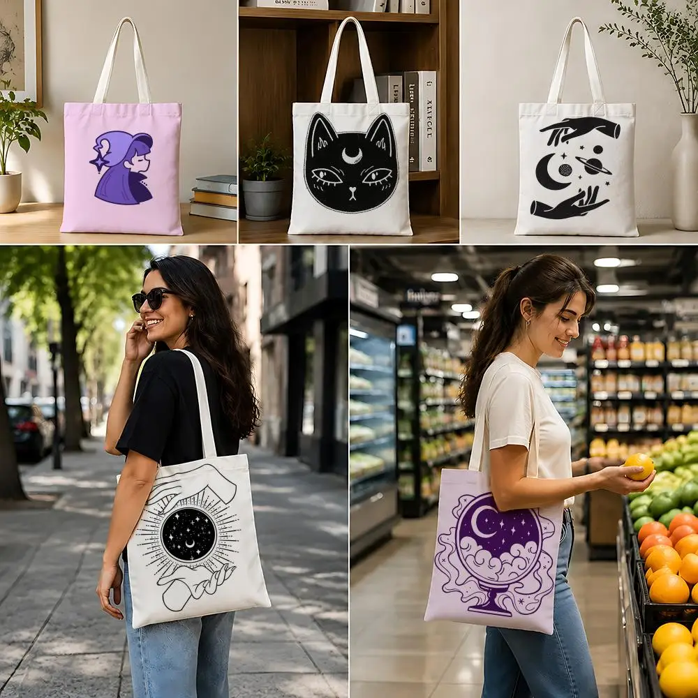 

Original Mystical esoteric assets Storage Bags Lightweight Foldable Canvas Bag, Reusable Shopping Shoulder Bag with Strap