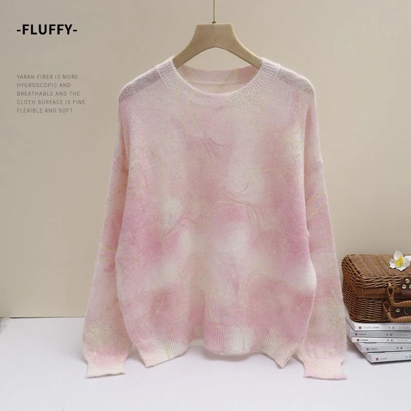 Women Alpaca Wool Tie Dye Sweater,Autumn Thin Round Neck Wool Blend Loose Soft Knitted Pullovers
