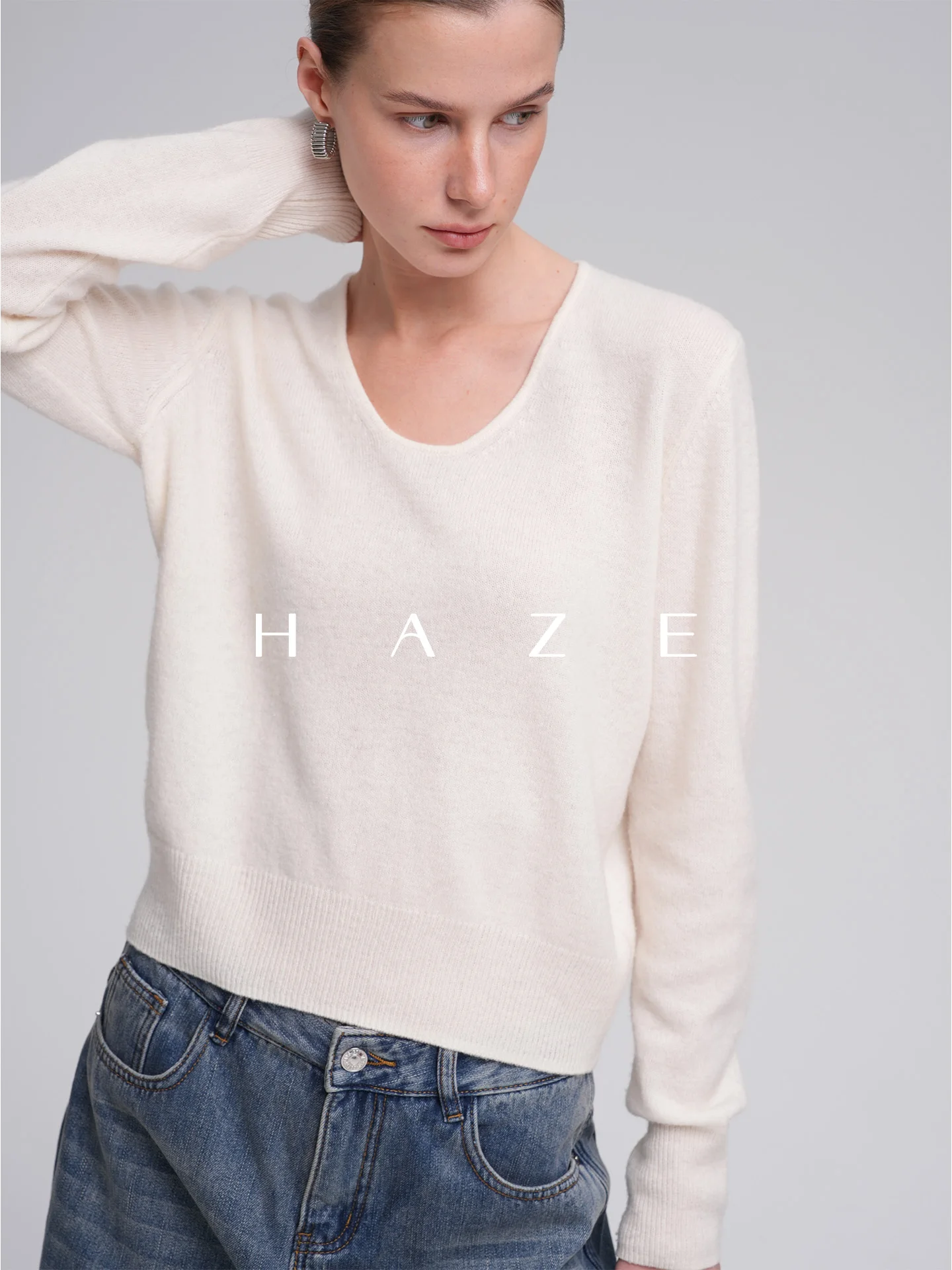 

Женский вязаный свитер Haze 00 из чистой шерсти, однотонный, свободного кроя, с длинными рукавами и круглым вырезом, для повседневной носки, зимний, модный