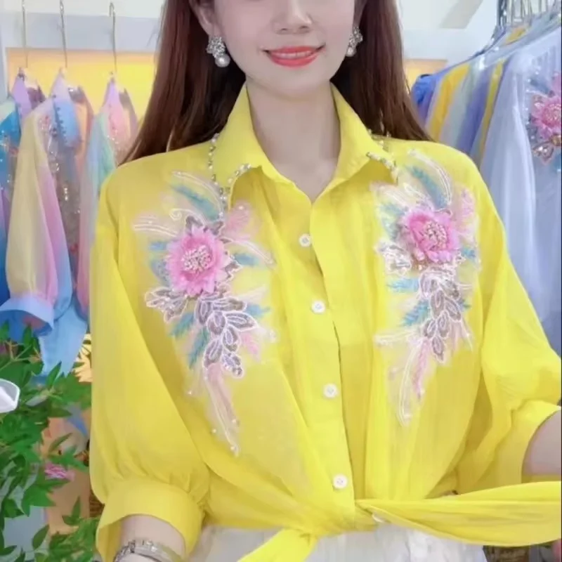 Summer New Fashion Three-Quarter Sleeves Rainbow Chiffon Sunscreen Shirt Women Thin Loose All-match Blouse Ladies Sunscreen Tops