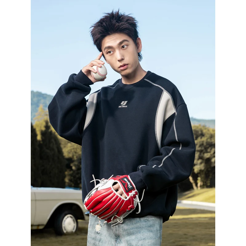 TFETTERS 2025 الخريف الشتاء موضة بلوزات فضفاضة الرجال المطرزة التباين اللون س الرقبة عالية الشارع فضفاض بلوزات رجل #2