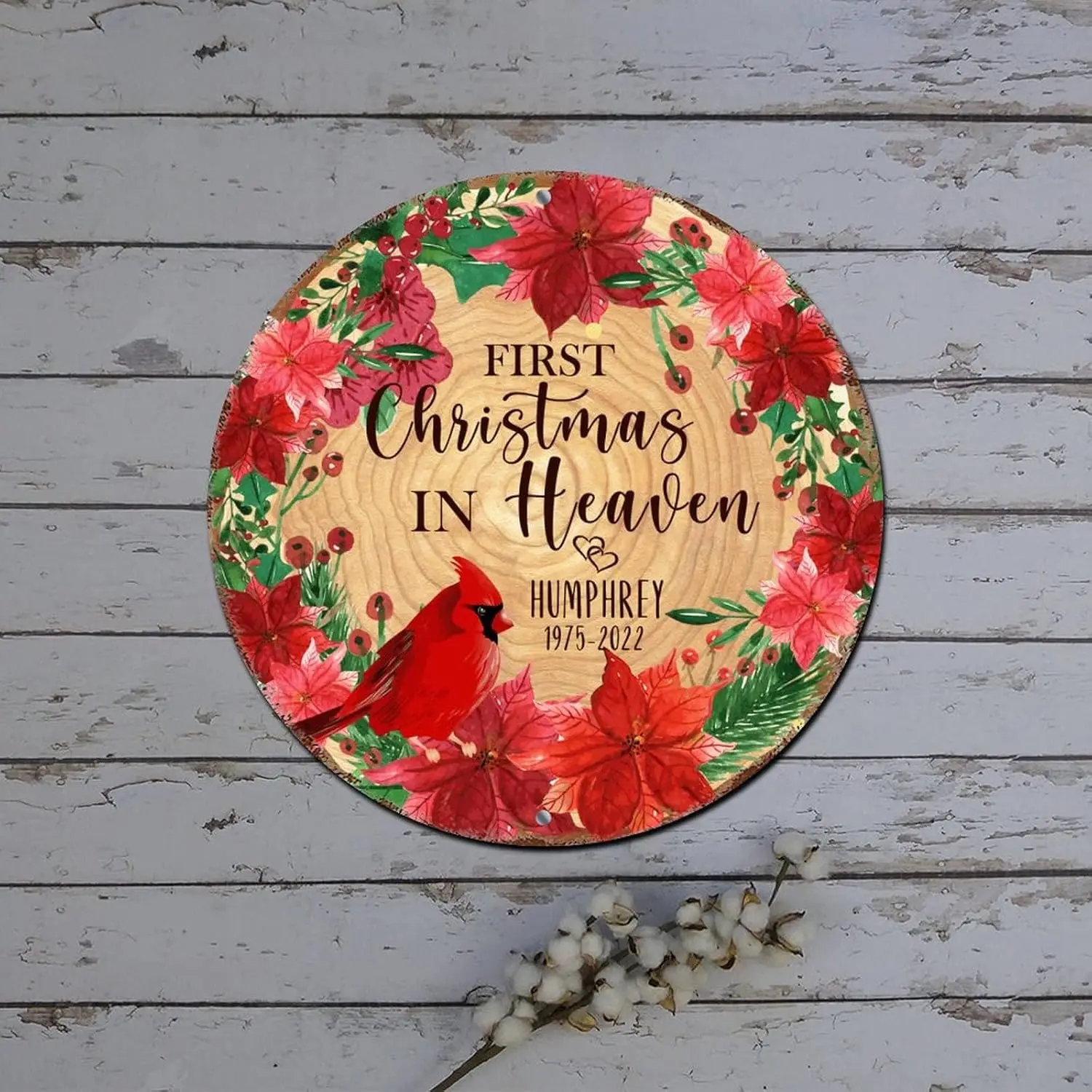 Red Truck Wreath Sign First Christmas in Heaven Cardinalis Poinsettia Round Metal Tin Sign Christmas Hanging Decorations Rustic