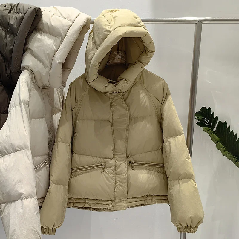 Schinteon 여성용 후드 다운 재킷, 따뜻한 외투, 드로스트링, 루즈 캐주얼, 화이트 덕 다운, 짧은 코트, 가을, 겨울, 2024 신상