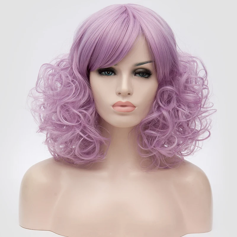 Women Purple Short Curly Wig With Side Bangs Synthetic Wig Heat Resistant Hair Wig for Cosplay Halloween Party