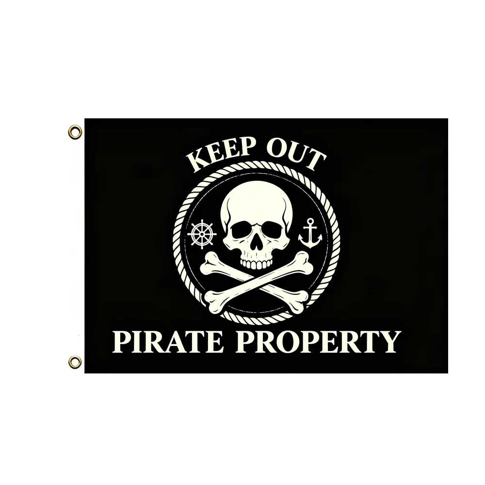 Keep Out Pirate Property Skull Flag 2x3ft 3x5ft Polyester Banner Jolly Roger Anchor Wheel Print Wall Hanging Garage Decor
