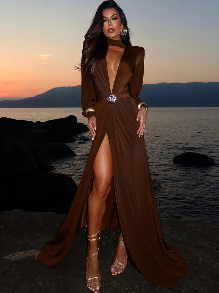 Nibber Hohl Metall Trim Frauen Maxi Kleid Falten Langarm Tiefem v-ausschnitt Hohe Split Elegante Bankett Mode Chic Sexy Vestidos