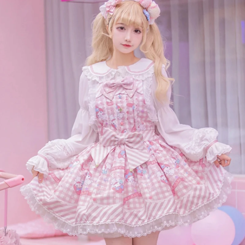 2025 Lolita Style Cartoon Print Princess Dress Women Cute Bow Lace Party Strap Dresses Girly Harajuku Kawaii Y2k Mini Vestidos