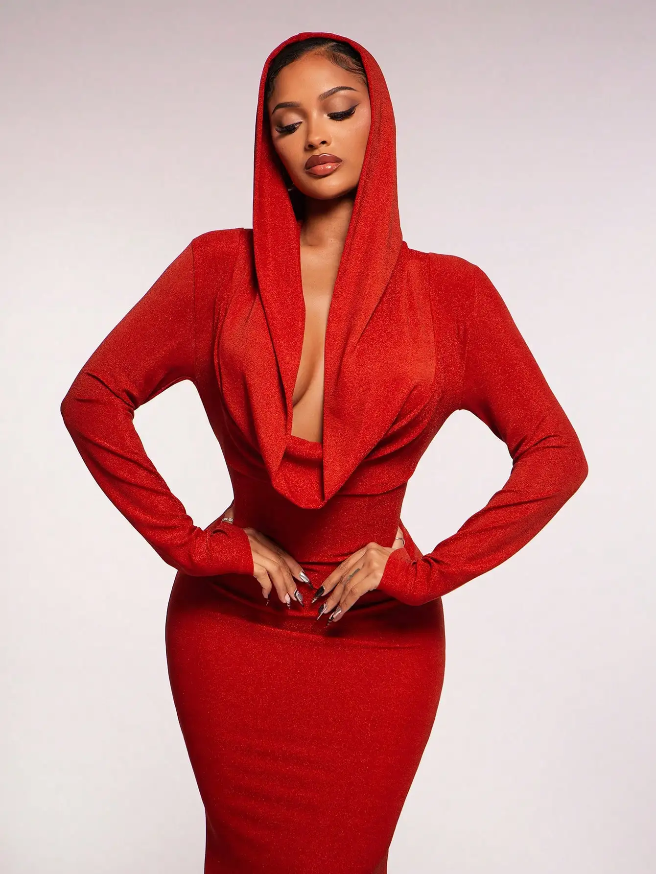 

Женское красное платье-русалка с капюшоном и драпированным воротником, длинный рукав, блестящая эластичная ткань