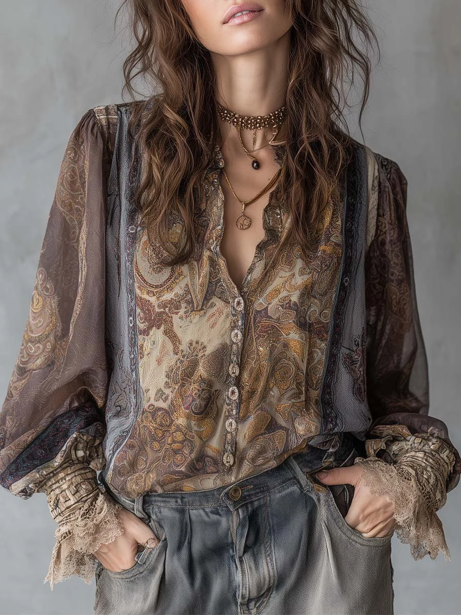 Women Vintage Paisley Print Sheer Blouse Lace Trim Puff Sleeve Button Down Boho Chic Casual Retro Single Breasted Shirt for Fall