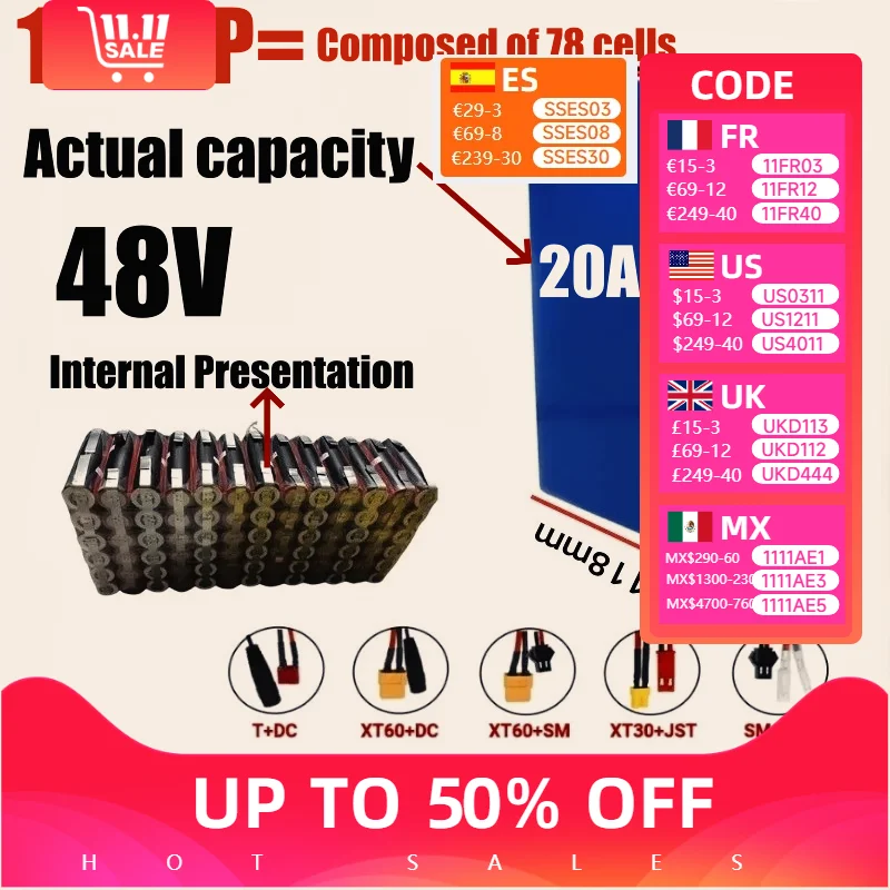 

48V 13s6p Lithium Battery Pack100%New Original 48v20000mAh 2000W Citycoco Motorized Scooter Batteries Built in 50A BMS 18650.00