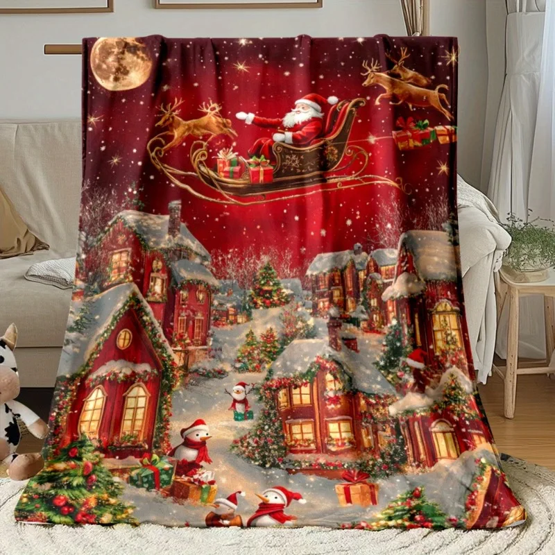 1 Stück festliche Weihnachtsmann- und Rentier-Nachtszene, Flanell-Überwurfdecke/leichtes, weiches und warmes HD-bedrucktes Fleece