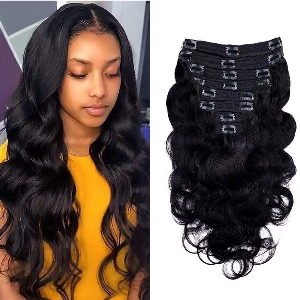 Body Wave Clip in Hair Extensions Natural Black Color #1B Full Head Brazilian Virgin Hair Extensions 8/Pcs with 18Clips 120 Gram