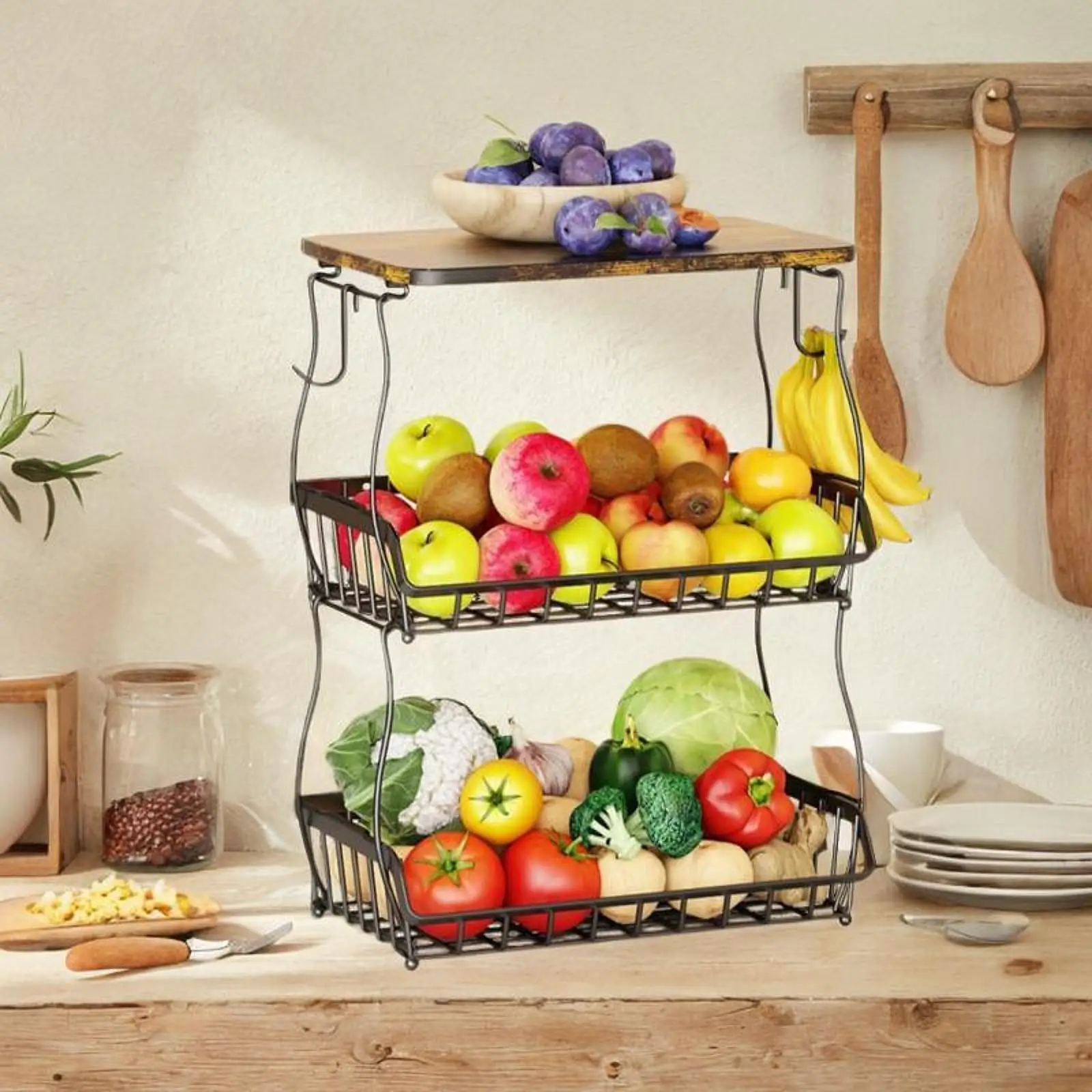 

Vegetables Basket with Banana Rack Space Saving Vegetables Holder Decorative Basket Desk Storage Basket Snacks Serving Stand