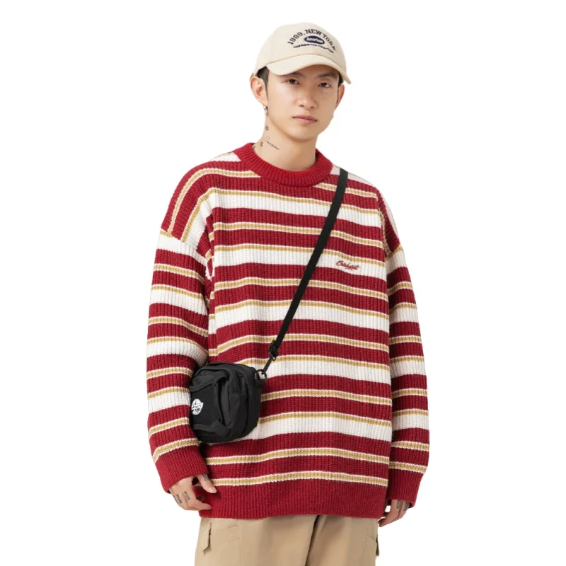 Autumn Winter Men's Retro Contrasting Striped Embroidery Sweater Loose Fit Casual Round Neck Knitted Pullover Sweater Jacket