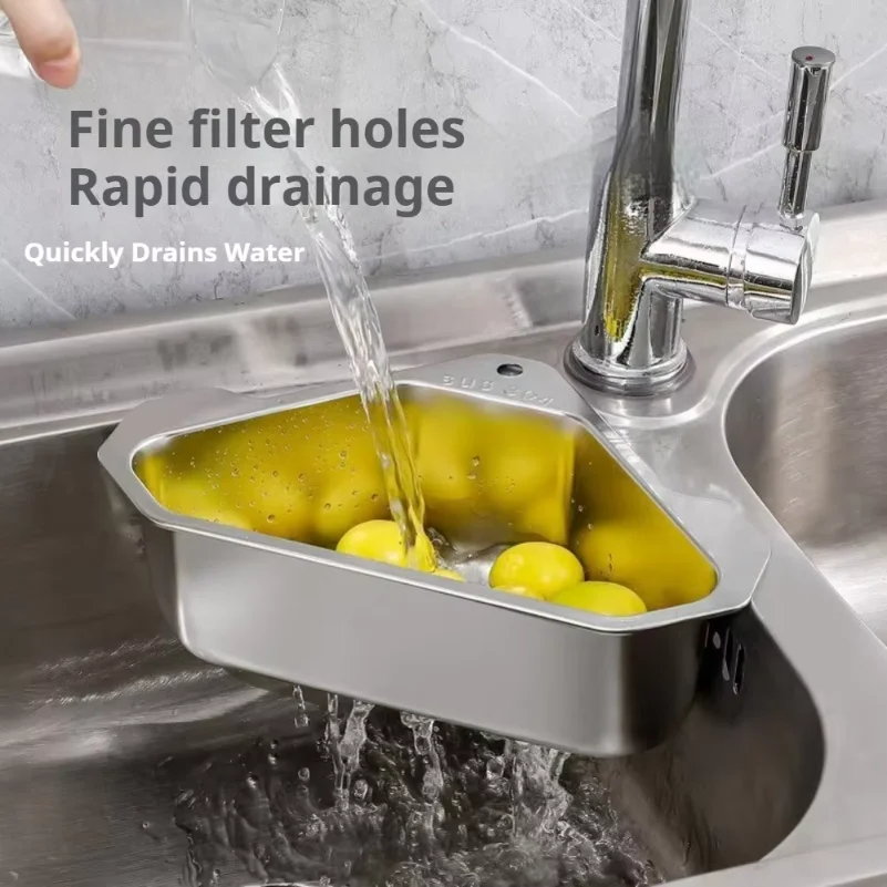 Sink Drainer Basket Stainless Steel Triangle Sink Strainer for Hanging Soap Drain Rack Faucet Corner Vegetable Washing Basket