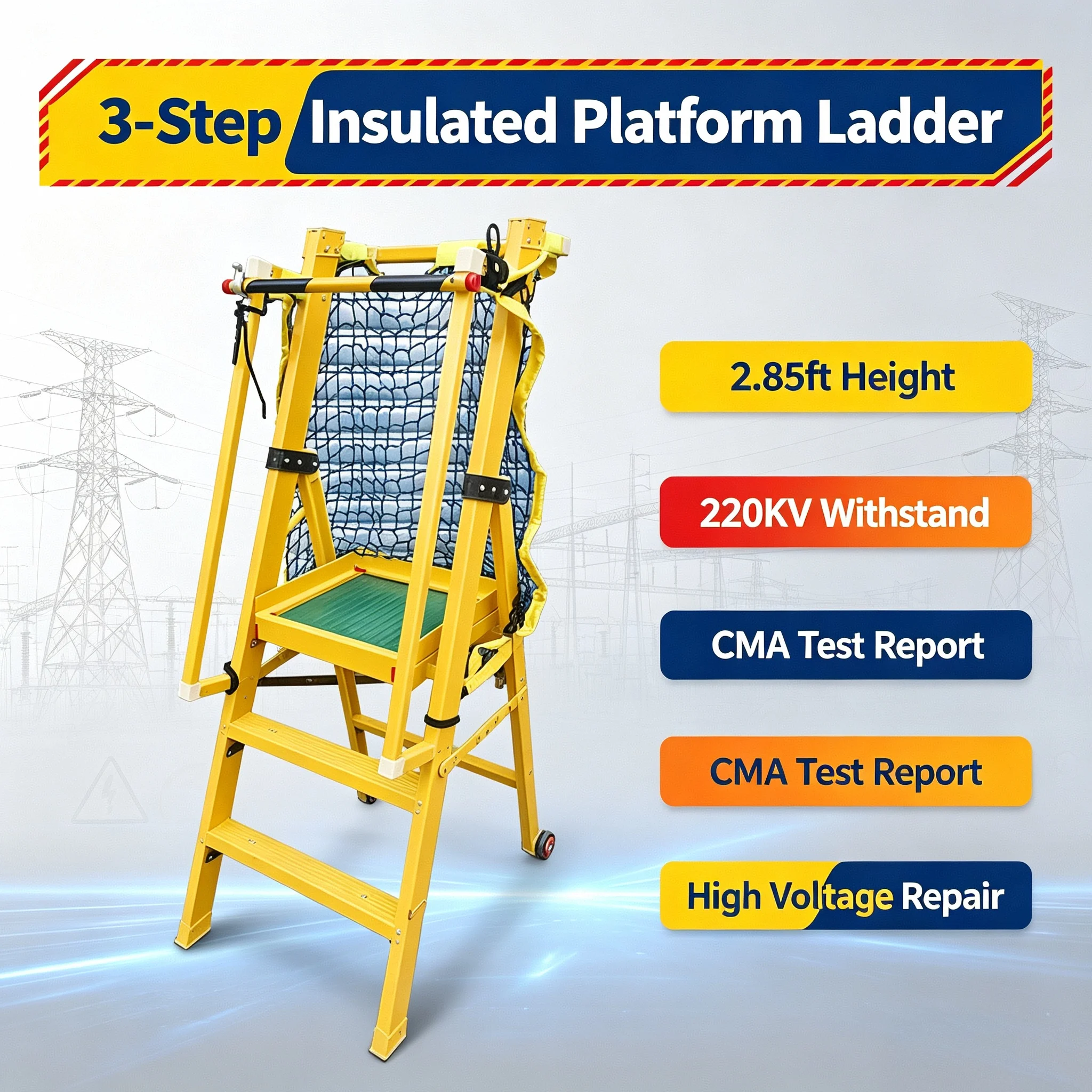 4-Step 3.8ft FRP Fiberglass Non-Conductive Ladder 220kV Insulated with Handrail for Lab Inspection Maintenance Work Tool